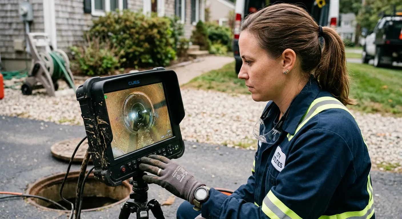 Technician reviewing sewer camera inspection footage in Terrytown