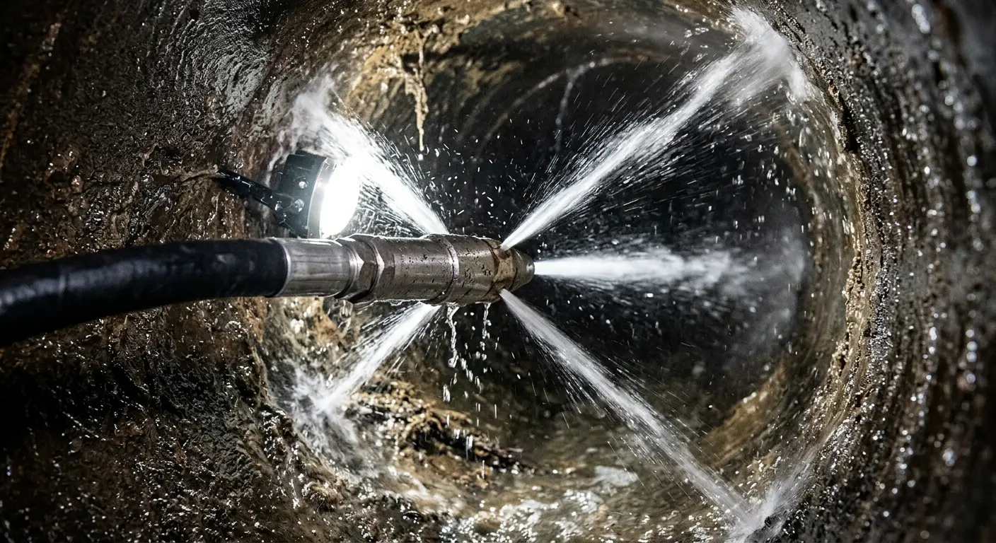 High-pressure hydro jetting nozzle cleaning sewer pipe for Trenchless Sewer Repair in Terrytown