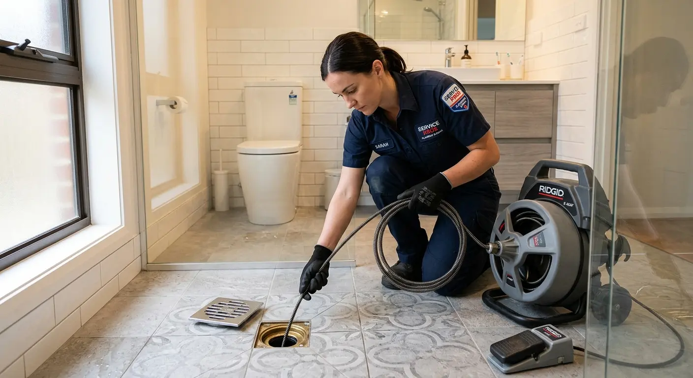 Technician clearing a bathroom floor drain for Drain Cleaning in Terrytown